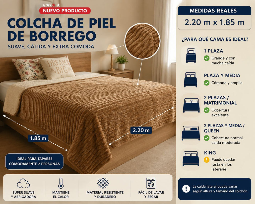 ÚNICA MEDIDA VER TABLA DE MEDIDAS - Colcha Doble Faz Piel de Borrego 2,20 m x 1,85 m
