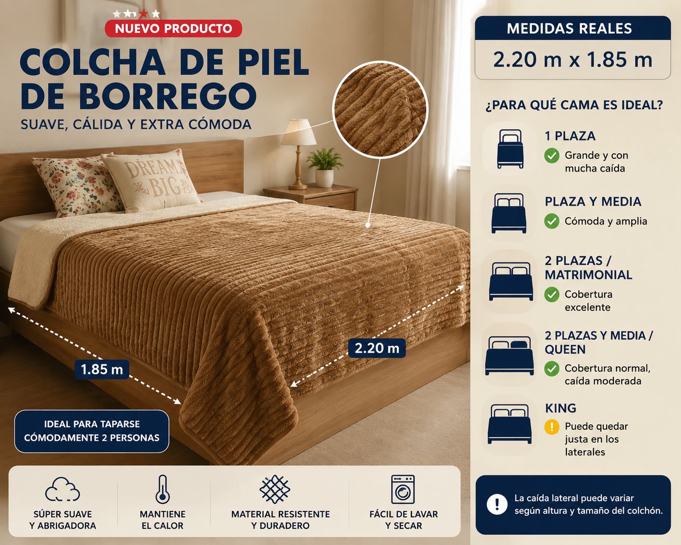 ÚNICA MEDIDA VER TABLA DE MEDIDAS - Colcha Doble Faz Piel de Borrego 2,20 m x 1,85 m